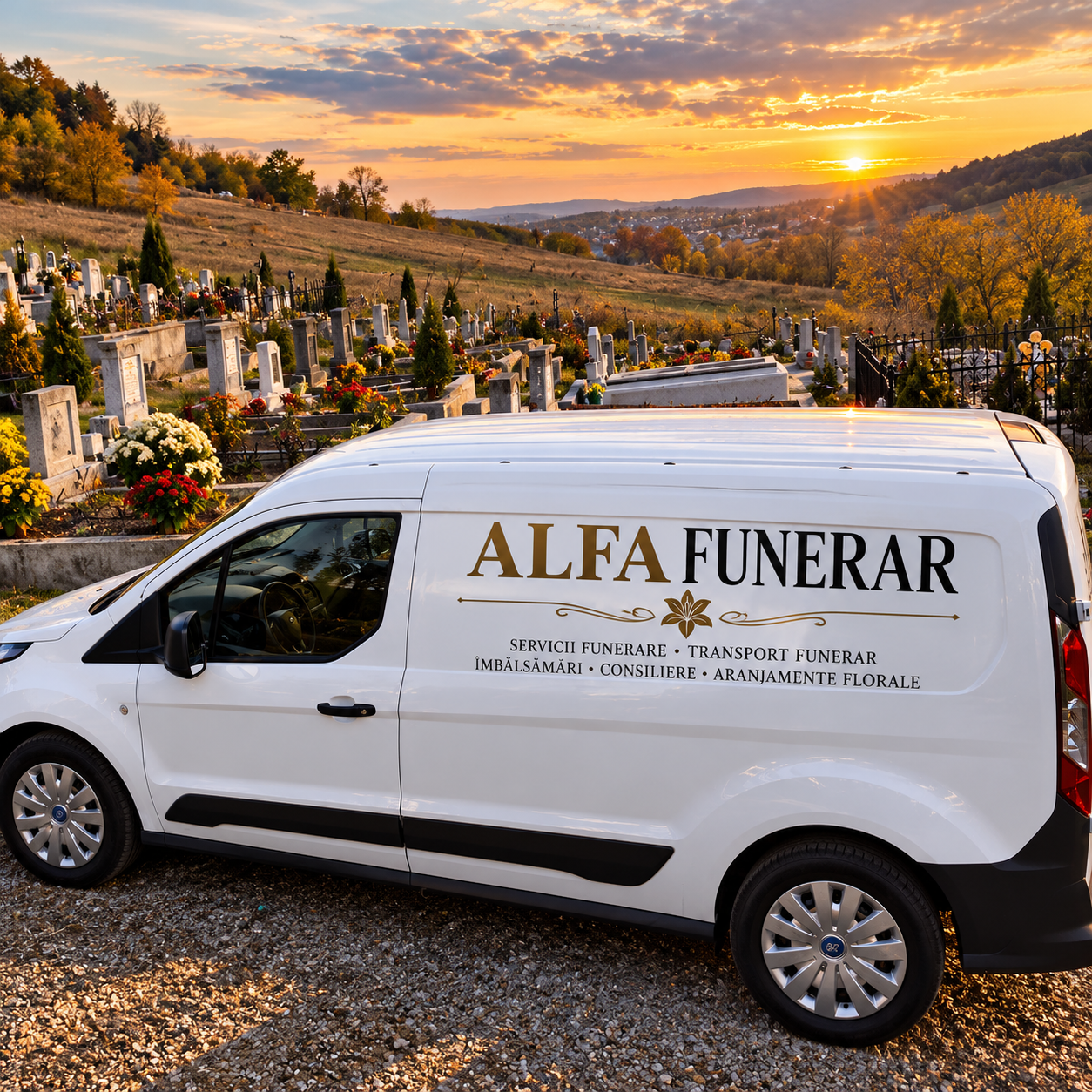 Dubă funerară Alfa Funerar în cimitir, la apus